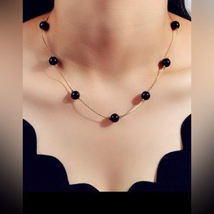 ✿ Black Faux Pearl Gold Ion Plated Statement Necklace